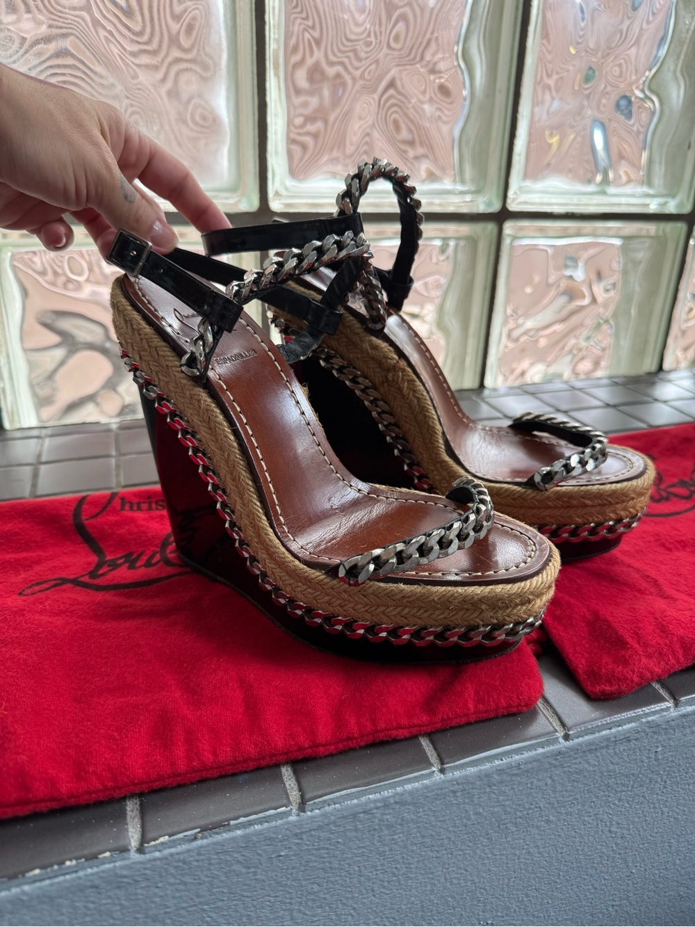 Christian Louboutin Chain Detail Raffia Wedge Sandals